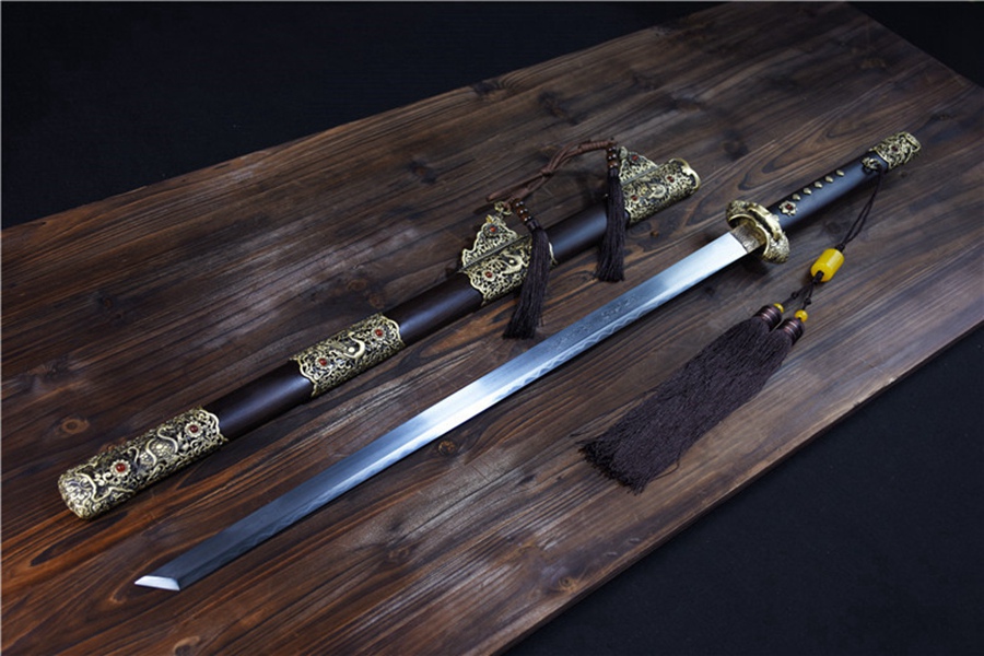 三色铜“青龙刀盘”武士刀（黑檀