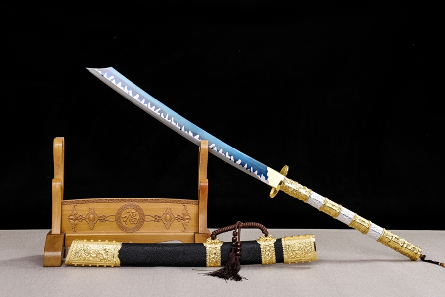 三色铜“青龙刀盘”武士刀（黑檀