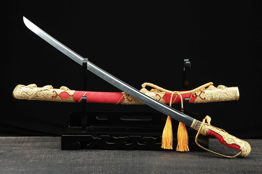 三色铜“青龙刀盘”武士刀（黑檀