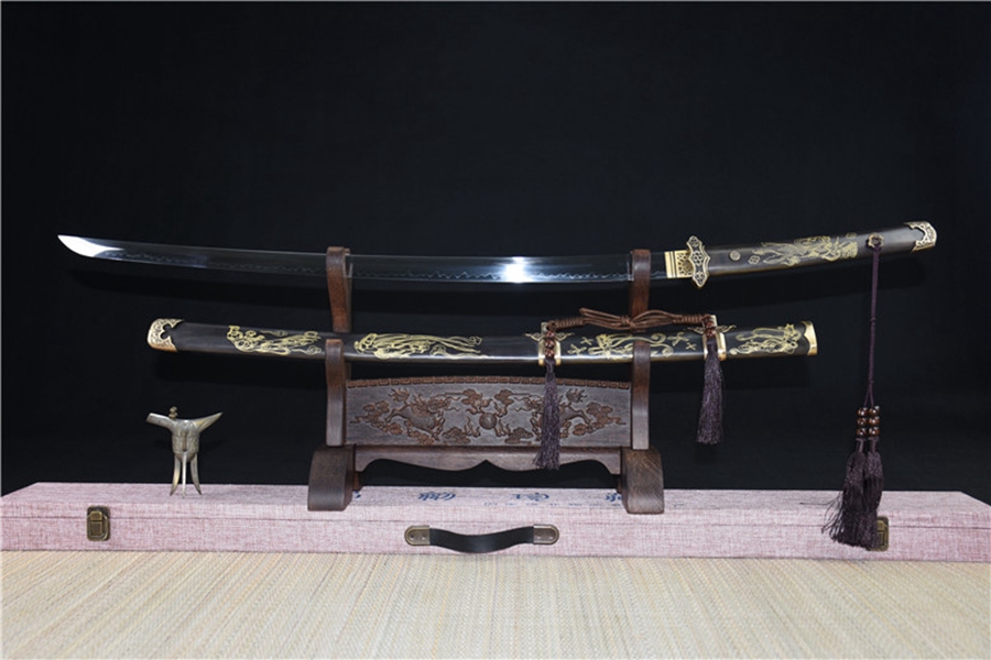 三色铜“青龙刀盘”武士刀（黑檀