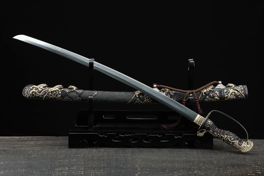 三色铜“青龙刀盘”武士刀（黑檀