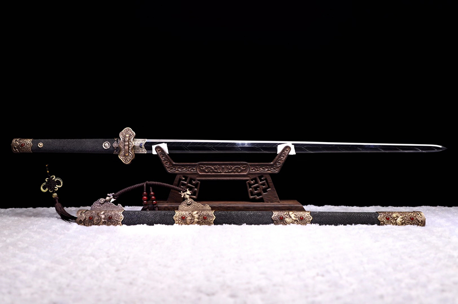 三色铜“青龙刀盘”武士刀（黑檀