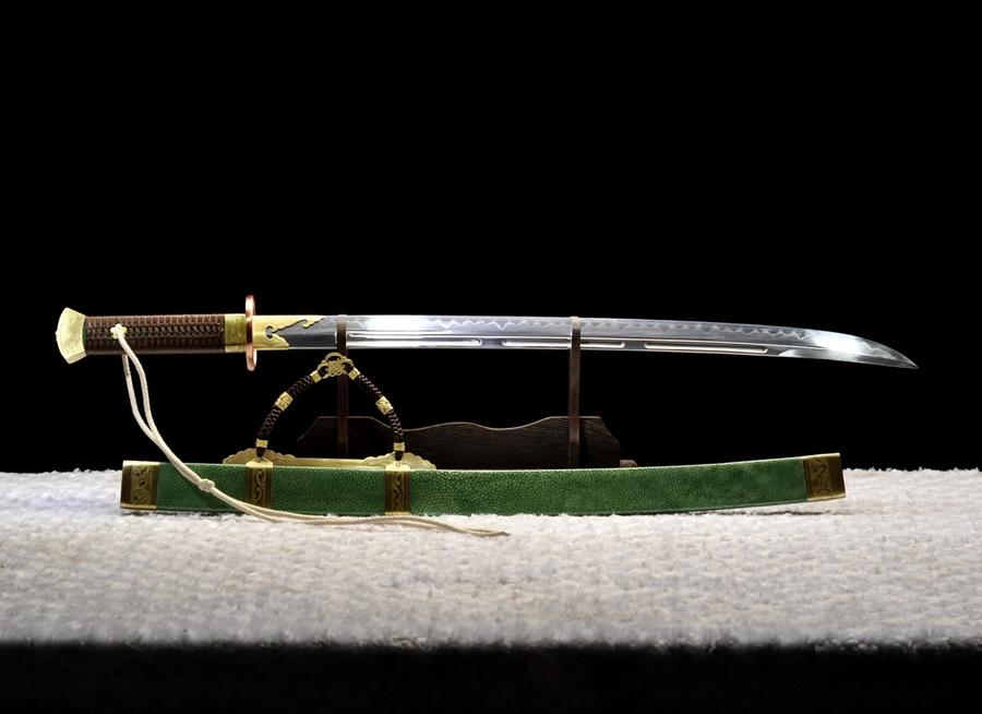 三色铜“青龙刀盘”武士刀（黑檀