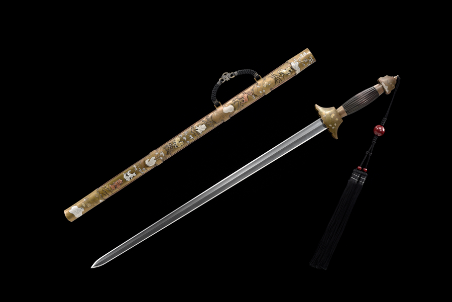 三色铜“青龙刀盘”武士刀（黑檀