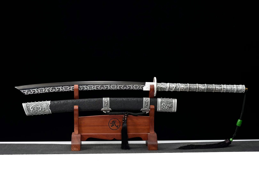 三色铜“青龙刀盘”武士刀（黑檀